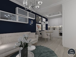 Salon z aneksem kuchennym - Średni biały niebieski salon z kuchnią z jadalnią, styl glamour - zdjęcie od Ano Studio