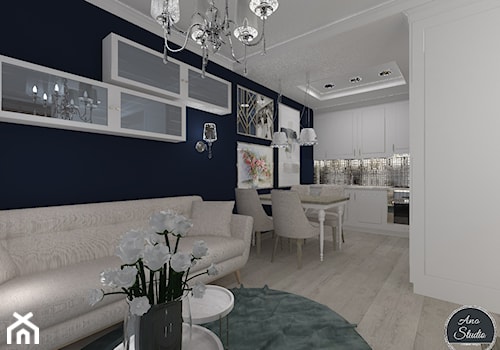 Salon z aneksem kuchennym - Średni biały niebieski salon z kuchnią z jadalnią, styl glamour - zdjęcie od Ano Studio