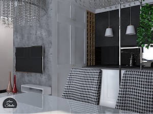 Salon z aneksem kuchennym i jadalnią w bloku - Mała otwarta z kamiennym blatem czarna szara z zabudowaną lodówką z nablatowym zlewozmywakiem kuchnia jednorzędowa, styl glamour - zdjęcie od Ano Studio