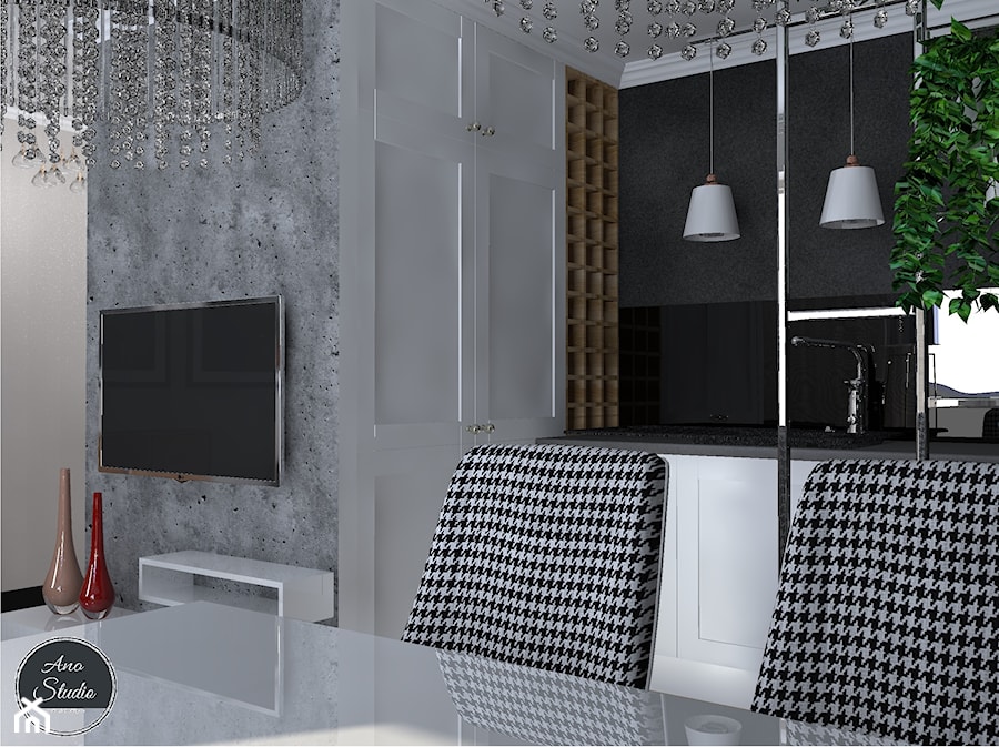 Salon z aneksem kuchennym i jadalnią w bloku - Mała otwarta z kamiennym blatem czarna szara z zabudowaną lodówką z nablatowym zlewozmywakiem kuchnia jednorzędowa, styl glamour - zdjęcie od Ano Studio