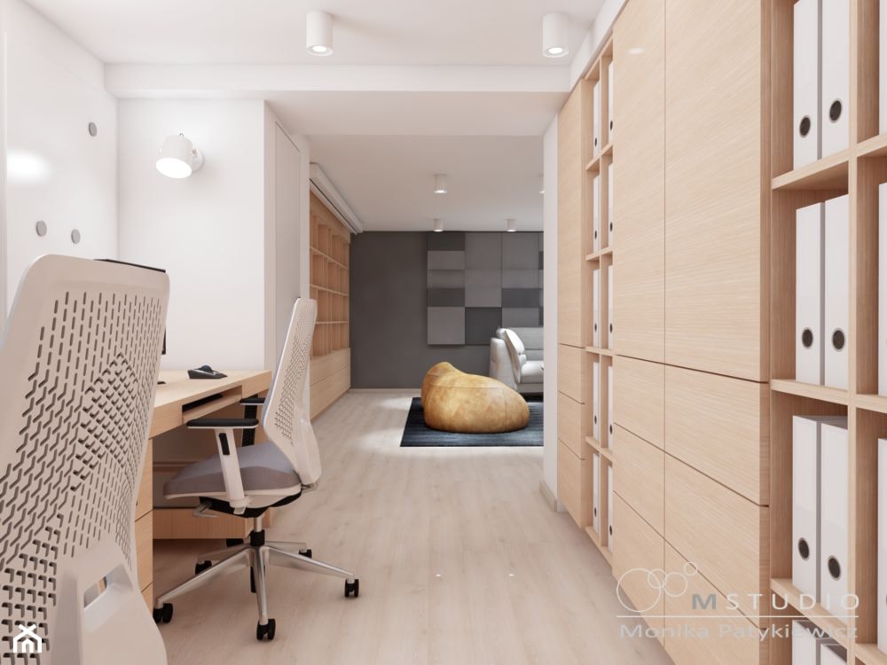 Duże w osobnym pomieszczeniu z sofą białe biuro, styl nowoczesny - zdjęcie od MONIKA PATYKIEWICZ mSTUDIO - Homebook
