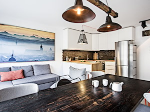 Konfigurator - Mała otwarta z salonem z zabudowaną lodówką z lodówką wolnostojącą kuchnia w kształcie litery u z wyspą lub półwyspem, styl skandynawski - zdjęcie od Hager