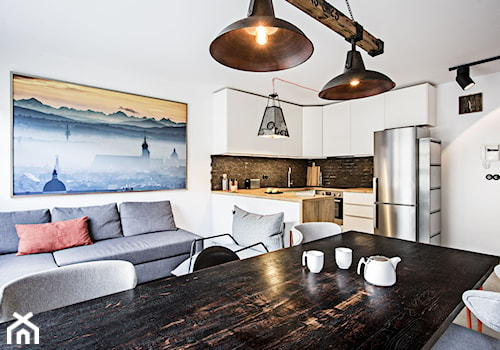 Konfigurator - Mała otwarta z salonem z zabudowaną lodówką z lodówką wolnostojącą kuchnia w kształcie litery u z wyspą lub półwyspem, styl skandynawski - zdjęcie od Hager