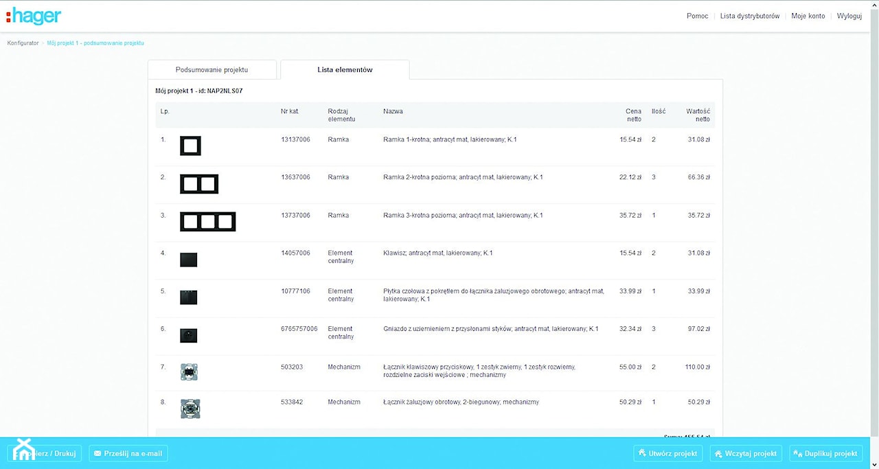 Podsumowanie projektu  to automatycznie wygenerowana lista wszystkich zastosowanych elementów wraz z cenami katalogowymi. Podsumowanie można zapisać lub wysłać e-mailem na podany adres.