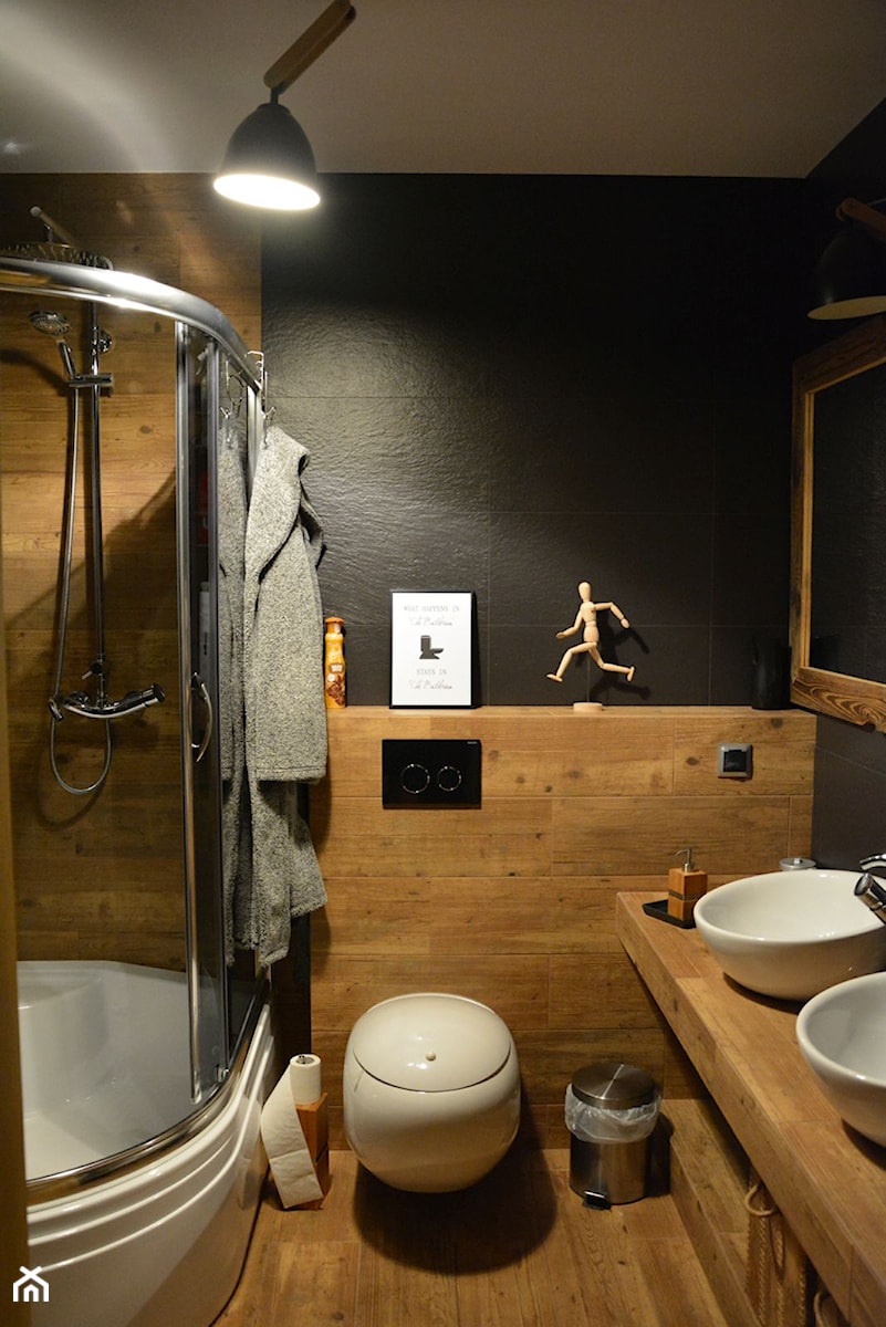 Mała bez okna z dwoma umywalkami łazienka, styl skandynawski - zdjęcie od justynkie