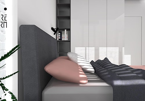 Projekt mieszkania z aneksem_Gliwice - Mała biała szara sypialnia, styl nowoczesny - zdjęcie od KP Pure Form