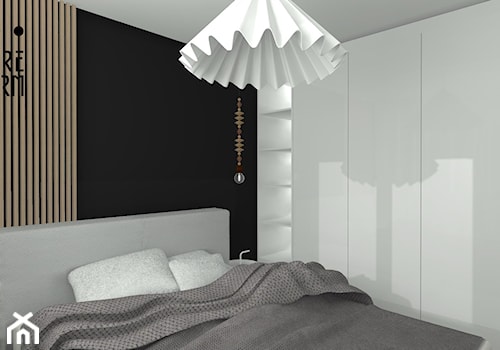 Projekt mieszkania z aneksem_Katowice - Mała czarna szara sypialnia, styl skandynawski - zdjęcie od KP Pure Form