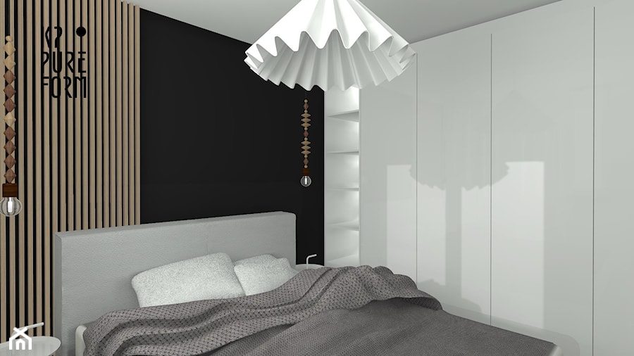 Projekt mieszkania z aneksem_Katowice - Mała czarna szara sypialnia, styl skandynawski - zdjęcie od KP Pure Form