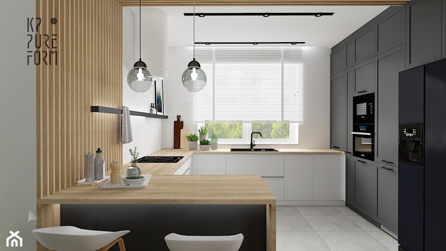 Projekt domu przytulna nowoczesnosć - Średnia otwarta biała z zabudowaną lodówką z nablatowym zlewozmywakiem kuchnia w kształcie litery g z oknem, styl nowoczesny - zdjęcie od KP Pure Form