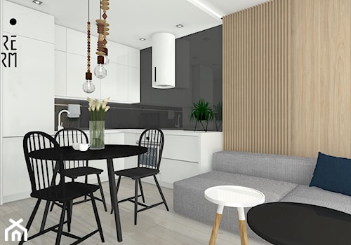 Projekt mieszkania z aneksem_Katowice - Mały szary salon z kuchnią z jadalnią, styl skandynawski - zdjęcie od KP Pure Form