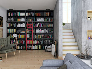 Wnętrze w stylu skandynawskim - Mały biały szary salon z bibiloteczką, styl skandynawski - zdjęcie od Archiinside