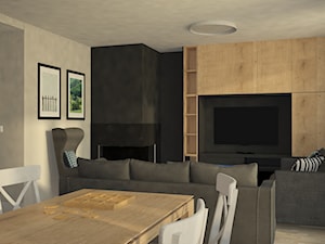Projekt mieszkania w zabudowie szeregowej - Średni beżowy czarny salon z jadalnią, styl skandynawski - zdjęcie od in studio pracownia