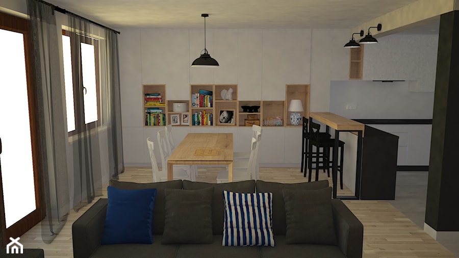 Projekt mieszkania w zabudowie szeregowej - Średnia beżowa czarna jadalnia w salonie w kuchni, styl skandynawski - zdjęcie od in studio pracownia