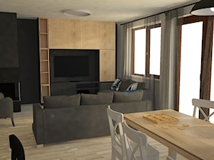 Projekt mieszkania w zabudowie szeregowej - Mały czarny szary salon z jadalnią, styl skandynawski - zdjęcie od in studio pracownia