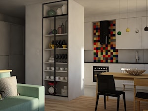 Mieszkanie 60 m2 (fragmenty) - Średnia otwarta z salonem szara z zabudowaną lodówką kuchnia w kształcie litery l z oknem, styl minimalistyczny - zdjęcie od in studio pracownia