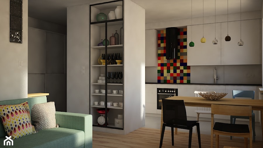 Mieszkanie 60 m2 (fragmenty) - Średnia otwarta z salonem szara z zabudowaną lodówką kuchnia w kształcie litery l z oknem, styl minimalistyczny - zdjęcie od in studio pracownia