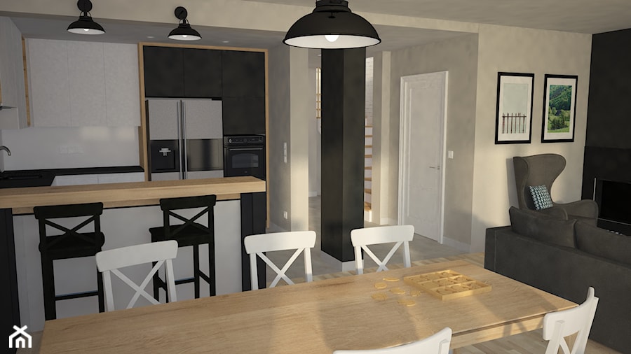 Projekt mieszkania w zabudowie szeregowej - Średnia beżowa czarna jadalnia w salonie w kuchni, styl skandynawski - zdjęcie od in studio pracownia