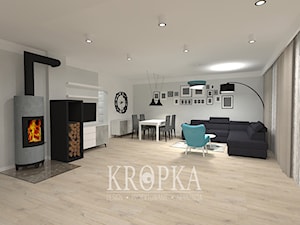 Dom 118m2 Iwiny- salon - Duży biały szary salon z jadalnią, styl nowoczesny - zdjęcie od KROPKA Design