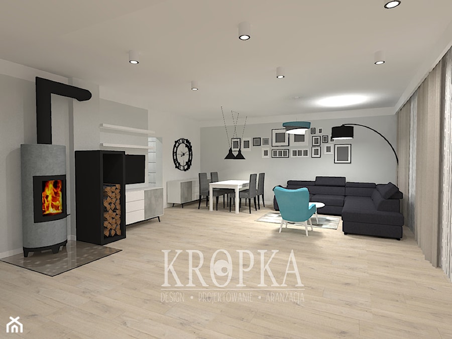 Dom 118m2 Iwiny- salon - Duży biały szary salon z jadalnią, styl nowoczesny - zdjęcie od KROPKA Design