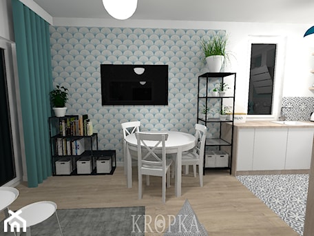 Aranżacje wnętrz - Salon: Salon z aneksem 15,67m2 Wrocław - Mały biały salon z kuchnią z jadalnią, styl minimalistyczny - KROPKA Design. Przeglądaj, dodawaj i zapisuj najlepsze zdjęcia, pomysły i inspiracje designerskie. W bazie mamy już prawie milion fotografii!