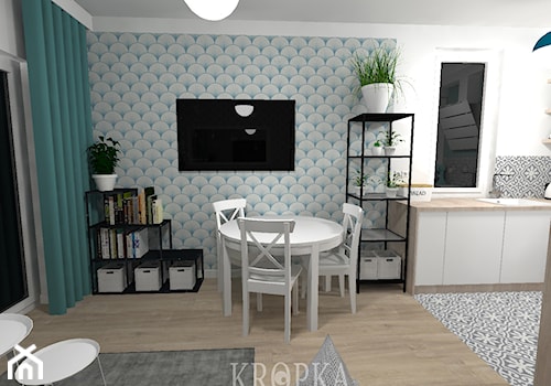 Salon z aneksem 15,67m2 Wrocław - Mały biały salon z kuchnią z jadalnią, styl minimalistyczny - zdjęcie od KROPKA Design