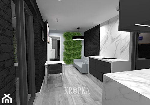 Domek letniskowy 35m2 - Mały biały czarny salon z kuchnią z jadalnią, styl nowoczesny - zdjęcie od KROPKA Design