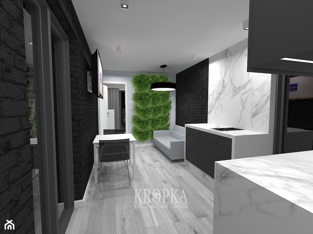 Domek letniskowy 35m2 - Mały biały czarny salon z kuchnią z jadalnią, styl nowoczesny - zdjęcie od KROPKA Design - Homebook