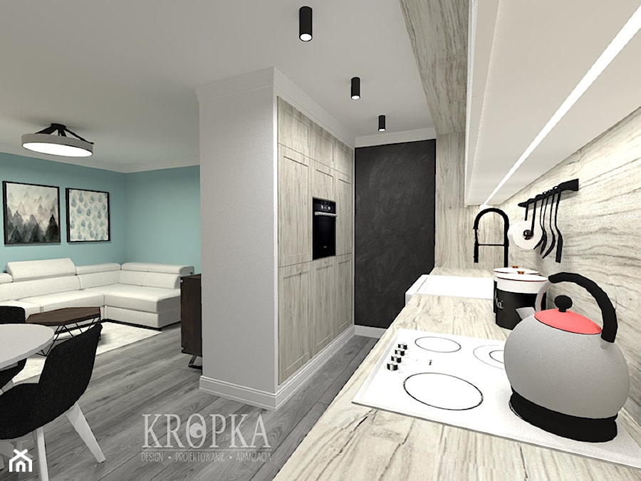 Salon z aneksem 22,60m2 Brzeg - Kuchnia, styl rustykalny - zdjęcie od KROPKA Design