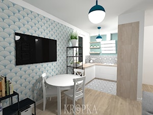 Salon z aneksem 15,67m2 Wrocław - Mały biały salon z kuchnią z jadalnią, styl minimalistyczny - zdjęcie od KROPKA Design