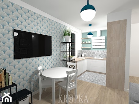 Aranżacje wnętrz - Salon: Salon z aneksem 15,67m2 Wrocław - Mały biały salon z kuchnią z jadalnią, styl minimalistyczny - KROPKA Design. Przeglądaj, dodawaj i zapisuj najlepsze zdjęcia, pomysły i inspiracje designerskie. W bazie mamy już prawie milion fotografii!