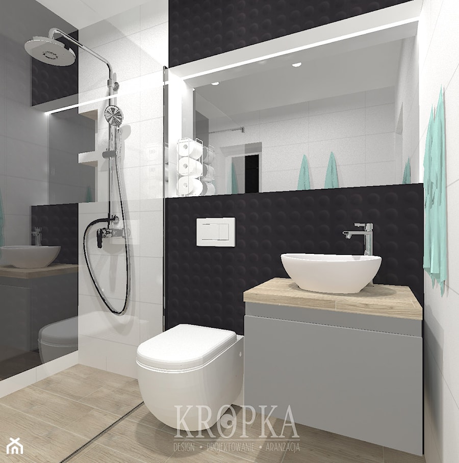 Łazienka 4,09m2 Mosina - Średnia bez okna z punktowym oświetleniem łazienka, styl nowoczesny - zdjęcie od KROPKA Design