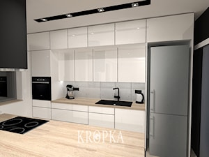 Dom 118m2 Iwiny- kuchnia - Średnia otwarta biała szara z zabudowaną lodówką z lodówką wolnostojącą z podblatowym zlewozmywakiem kuchnia jednorzędowa z wyspą lub półwyspem z oknem, styl nowoczesny - zdjęcie od KROPKA Design
