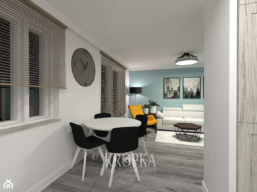Salon z aneksem 22,60m2 Brzeg - Jadalnia, styl rustykalny - zdjęcie od KROPKA Design