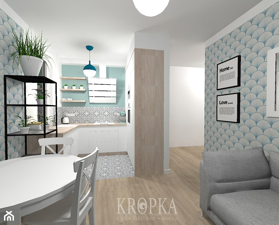 Salon z aneksem 15,67m2 Wrocław - Mały biały salon z kuchnią z jadalnią, styl minimalistyczny - zdjęcie od KROPKA Design
