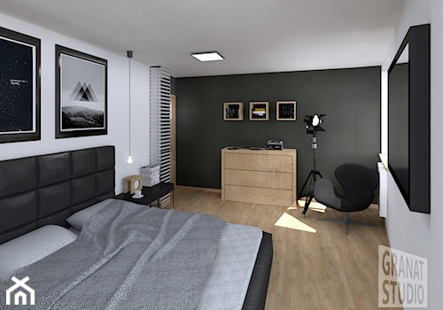 Sypialnia młodego mężczyzny - Średnia biała szara sypialnia, styl nowoczesny - zdjęcie od Granat Studio