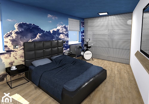 Sypialnia młodego mężczyzny - Średnia biała niebieska sypialnia, styl nowoczesny - zdjęcie od Granat Studio