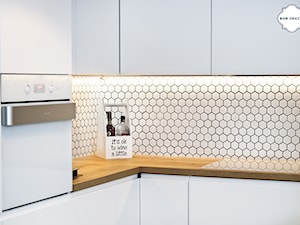 Aranżacja mozaiki - heksagon biały mat - Mała średnia otwarta zamknięta z zabudowaną lodówką kuchnia w kształcie litery l - zdjęcie od Raw Decor