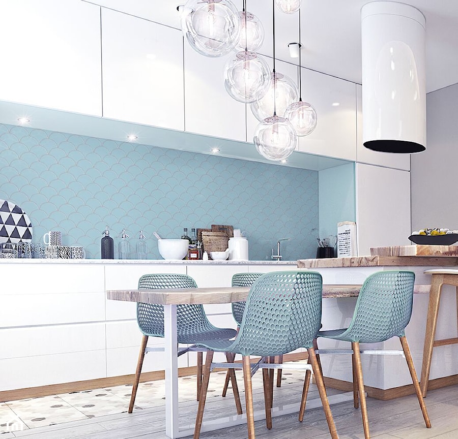 Mozaika nad blatem w kuchni - Średnia z salonem niebieska szara z zabudowaną lodówką z podblatowym zlewozmywakiem kuchnia dwurzędowa z wyspą lub półwyspem, styl nowoczesny - zdjęcie od Raw Decor