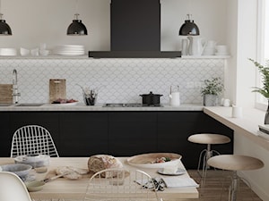 Mozaika nad blatem w kuchni - Średnia biała z zabudowaną lodówką z podblatowym zlewozmywakiem kuchnia jednorzędowa z oknem, styl skandynawski - zdjęcie od Raw Decor