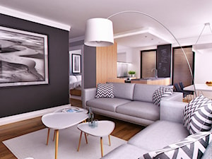 APARTAMENT POKAZOWY - Średni biały czarny szary salon z kuchnią z jadalnią, styl skandynawski - zdjęcie od Just Interiors