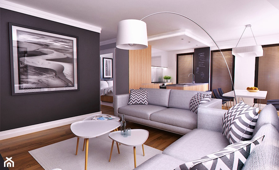 APARTAMENT POKAZOWY - Średni biały czarny szary salon z kuchnią z jadalnią, styl skandynawski - zdjęcie od Just Interiors