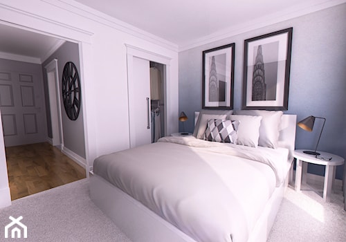 APARTAMENT POKAZOWY - Średnia biała niebieska szara sypialnia z garderobą, styl glamour - zdjęcie od Just Interiors