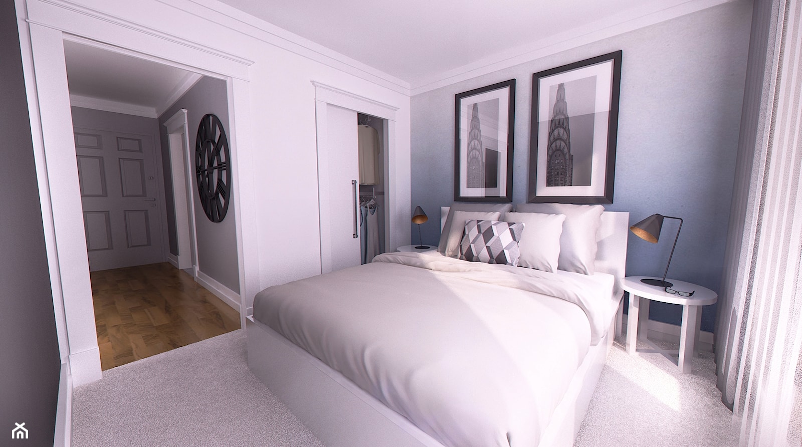 APARTAMENT POKAZOWY - Średnia biała niebieska szara sypialnia z garderobą, styl glamour - zdjęcie od Just Interiors - Homebook