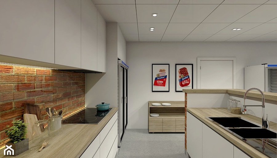 Aneks kuchenny - Średnia otwarta z zabudowaną lodówką z nablatowym zlewozmywakiem kuchnia jednorzędowa dwurzędowa, styl nowoczesny - zdjęcie od P&M_Pracownia