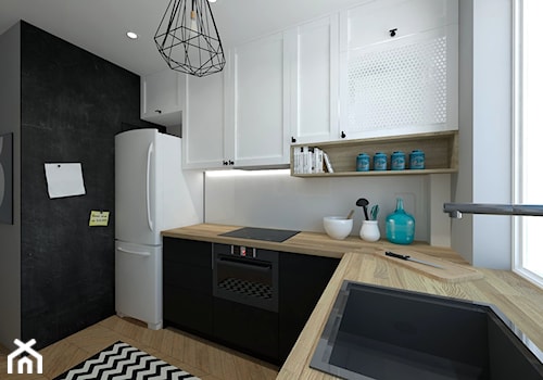Mała kuchnia - Średnia otwarta z zabudowaną lodówką z lodówką wolnostojącą kuchnia w kształcie litery l z oknem, styl skandynawski - zdjęcie od P&M_Pracownia