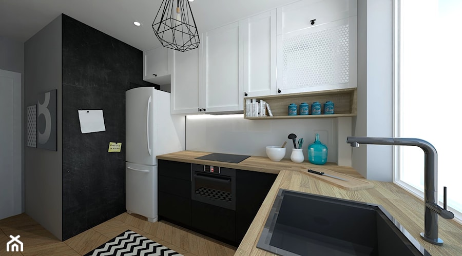 Mała kuchnia - Średnia otwarta z zabudowaną lodówką z lodówką wolnostojącą kuchnia w kształcie litery l z oknem, styl skandynawski - zdjęcie od P&M_Pracownia
