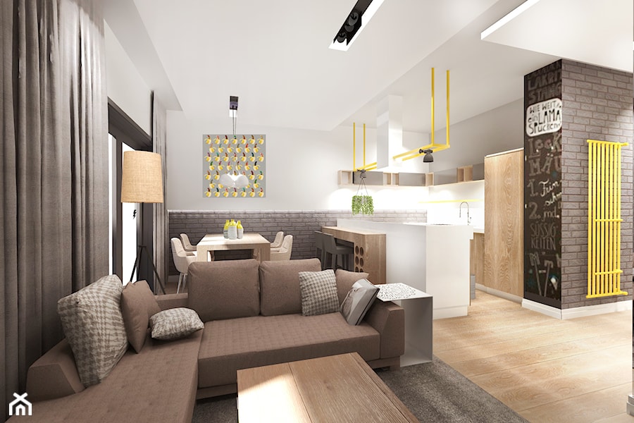 Mieszkanie typu studio - widok z salonu na kuchnię i jadalnię - zdjęcie od 3BSTUDIO