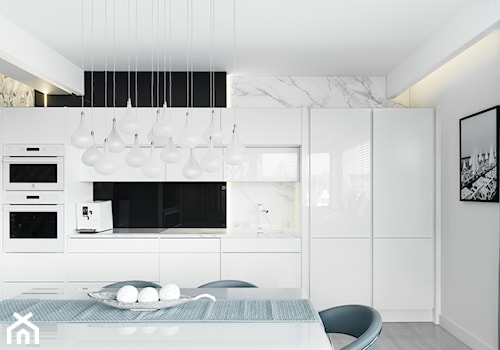 ANCHORIA MECHELINKI MODERN - Średnia otwarta z salonem z kamiennym blatem biała czarna z zabudowaną lodówką z podblatowym zlewozmywakiem kuchnia jednorzędowa, styl nowoczesny - zdjęcie od MOCHO. studio