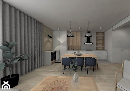 MECHELINKI ANCHORIA - Duża otwarta z salonem z kamiennym blatem szara z zabudowaną lodówką z nablatowym zlewozmywakiem kuchnia w kształcie litery l z marmurem nad blatem kuchennym, styl nowoczesny - zdjęcie od MOCHO. studio