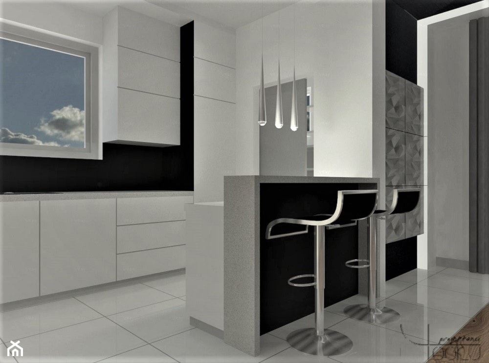 Dom w blasku - Średnia otwarta biała czarna kuchnia dwurzędowa w aneksie z oknem, styl nowoczesny - zdjęcie od YOOKU PROJEKTANCI - Homebook